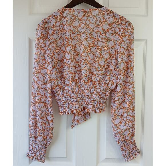 Forever 21 Sheer Floral Crop Top S orange purple festival smocked long sleeves - Picture 2 of 16